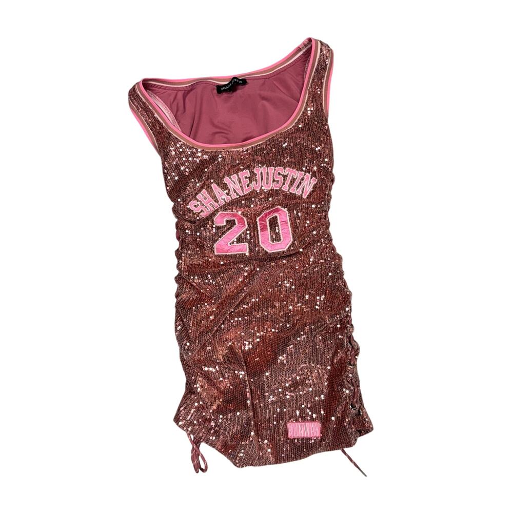 Shane Justin Runway Sequin Jersey Mini Dress Large Lace Up Sides Pink
